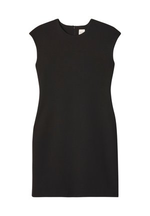 Μαύρο αμάνικο φόρεμα με ψηλό λαιμόκοψη και φερμουάρ στο πίσω μέρος. Το ύφασμα φαίνεται λείο και εφαρμοστό, δημιουργώντας μια καθαρή, μινιμαλιστική σιλουέτα.