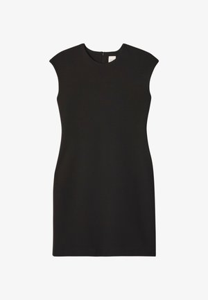 Čierne šaty bez rukávov s vysokým výstrihom a zadným zipsom. Látka pôsobí hladko a priliehavo, vytvára čistý, minimalistický siluet.