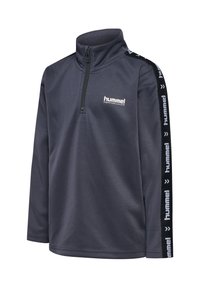 Marineblå langærmet performance pullover med halv lynlås, hummel-logo på brystet og mærkede striber langs ærmerne.
