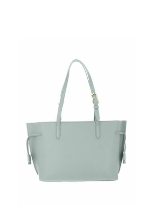 Sac fourre-tout en cuir gris clair avec doubles bretelles, boucle réglable sur une sangle et détails de nouages latéraux aux deux extrémités.