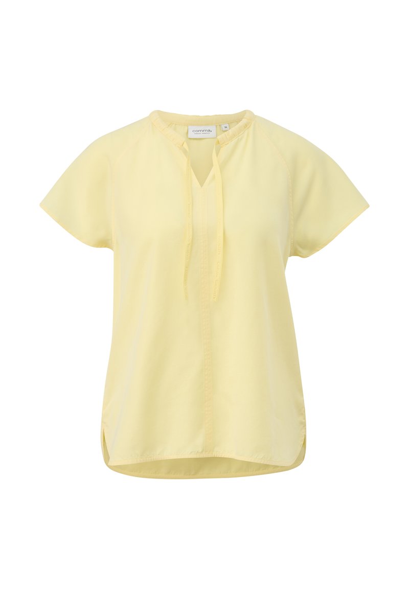 Short-sleeved, yellow blouse with a V-neck and drawstring detail. Made of soft fabric, featuring side slits for added comfort.