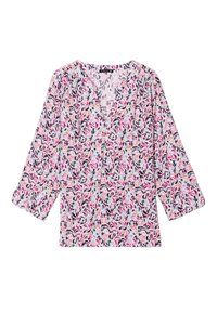 Blusa floreale con scollo a V, maniche a tre quarti e motivo su tutta la superficie in rosa, nero e colori pastello su uno sfondo chiaro.