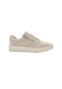 Sneaker in suede beige chiaro con suola testurizzata, caratterizzato da una cerniera laterale, punta tonda e design con lacci per una calzata sicura.