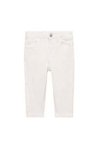 Pantaloni din bumbac alb, lungime ankle, cu închidere prin buton și fermoar, având buzunare frontale și o textură netedă.