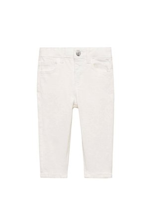 Pantaloni din bumbac alb, lungime ankle, cu închidere prin buton și fermoar, având buzunare frontale și o textură netedă.