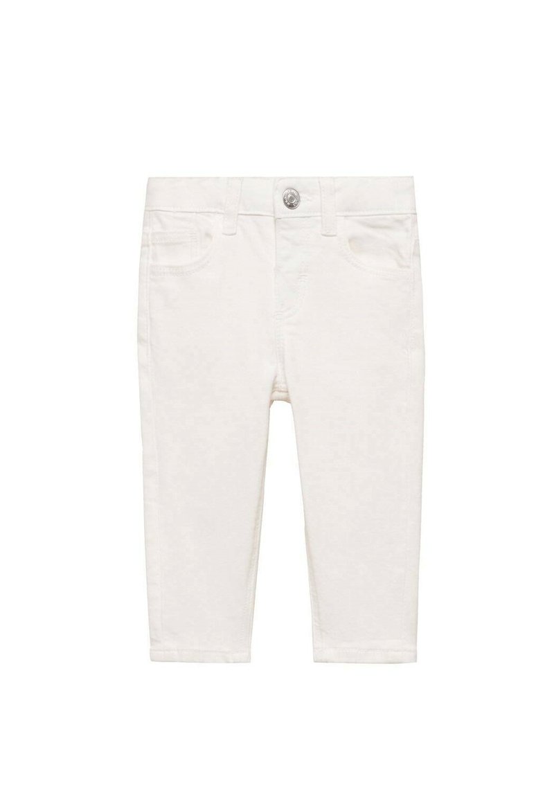 Pantaloni din bumbac alb, lungime ankle, cu închidere prin buton și fermoar, având buzunare frontale și o textură netedă.