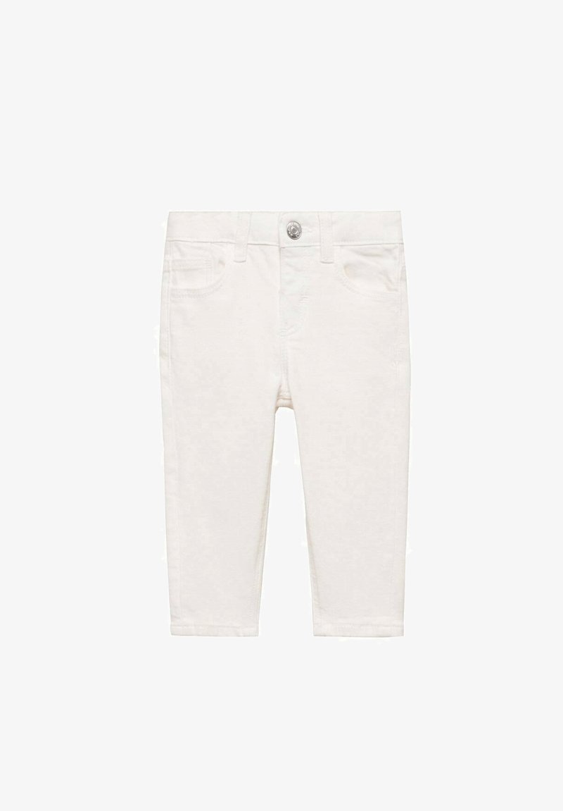 Pantaloni din bumbac alb, lungime ankle, cu închidere prin buton și fermoar, având buzunare frontale și o textură netedă.