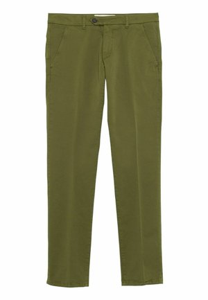 Pantaloni dritti verde oliva realizzati in tessuto di cotone. Caratterizzati da tasche frontali, chiusura con bottone e una superficie liscia.