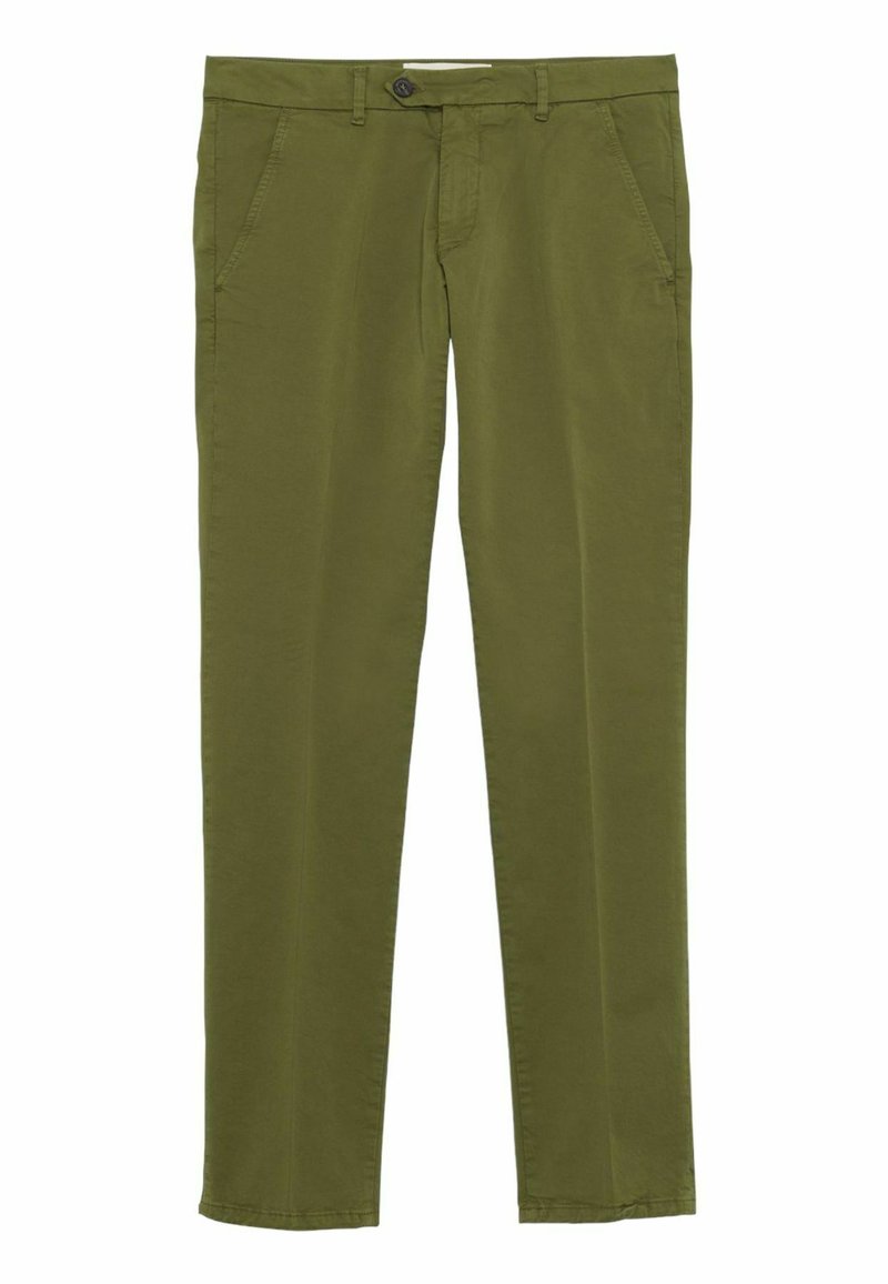 Pantaloni dritti verde oliva realizzati in tessuto di cotone. Caratterizzati da tasche frontali, chiusura con bottone e una superficie liscia.