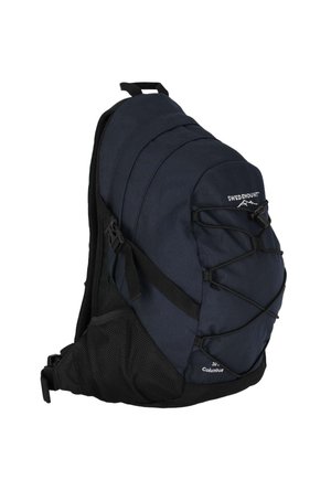 Ciemnoniebieski plecak Swedemount Columbus z czarnymi paskami, przednimi linkami bungee, bocznymi kieszeniami z siatki oraz górnym uchwytem.