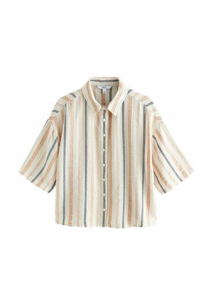 Kurzärmeliges Hemd mit Kragen in Cremefarbe und vertikalen Streifen in Orange, Schwarz und Grau. Mit Knopfverschluss und entspannter Passform.