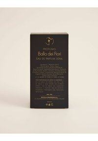 Czarny prostokątny pudełko na "Ballo dei Fiori Eau de Parfum", z złotym tekstem. Składniki wymienione na tylnej stronie, z matowym wykończeniem i wytłoczonym logo.