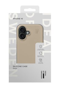Beige silikoneetui til iPhone 16 med en glat overflade, udsparinger til kameralinser og et minimalistisk design. Testet for faldbeskyttelse.