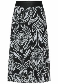 Czarna plisowana spódnica z białymi kwiatowymi wzorami, elastycznym pasem i lekkim materiałem, odpowiednia na casualowe lub półformalne okazje.
