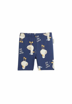 Marineblaue Kinder-Shorts mit Möwenillustrationen und dem mehrfach aufgedruckten Schriftzug „Sea You Later“.
