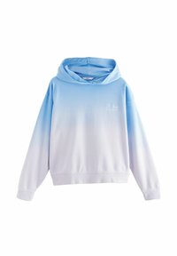 Felpa azzurra chiara con effetto ombre che sfuma verso il bianco. Realizzata in morbido materiale, con tasca frontale e un grande cappuccio. Logo del brand presente.
