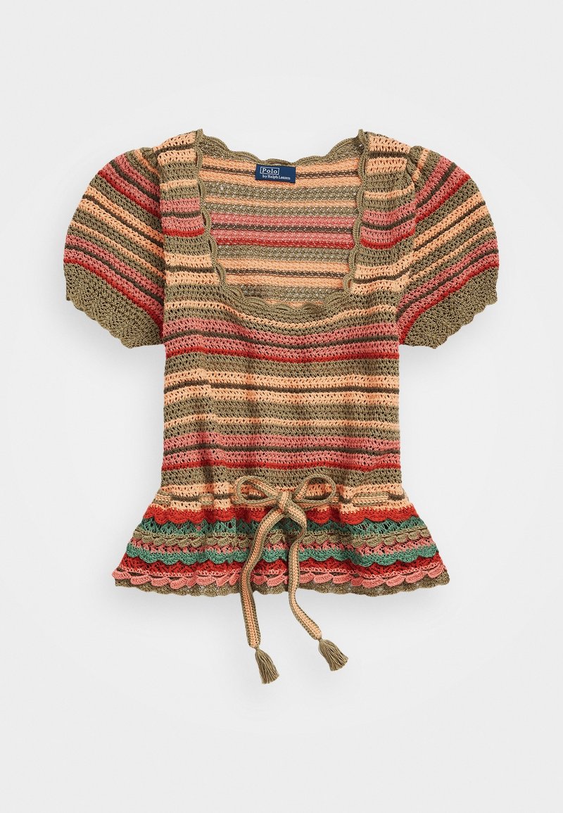 Striped cropped top with puff sleeves. Made of knitted material in shades of peach, red, green, and beige. Features a drawstring waist and scalloped hem.