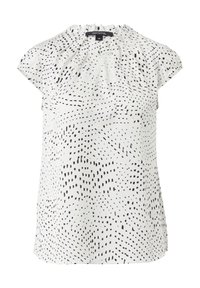Short-sleeve blouse in white fabric with a black dotted pattern. Features a gathered neckline and a relaxed fit.