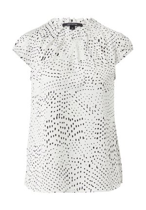 Kurzärmlige Bluse aus weißem Stoff mit einem schwarzen Punkte-Muster. Merkmale sind ein geraffter Ausschnitt und eine lässige Passform.