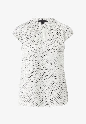 Short-sleeve blouse in white fabric with a black dotted pattern. Features a gathered neckline and a relaxed fit.