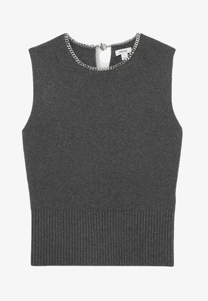 Top senza maniche grigio con orlo a coste, realizzato in un morbido tessuto a maglia, con un dettaglio in catena argentata sullo scollo e un'apertura a goccia sulla schiena.