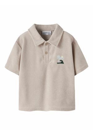 Polo beige a maniche corte con due bottoni e un piccolo ricamo di palma e onda sul petto.