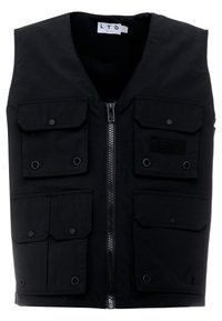 Svart zippered väst i texturerad tyg, med V-hals, fyra framfickor och runda metalldetaljer.