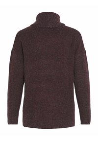 Pull en maille bordeaux avec un col montant, des manches longues et une coupe décontractée. Texture douce avec des détails côtelés au niveau du col et des poignets.