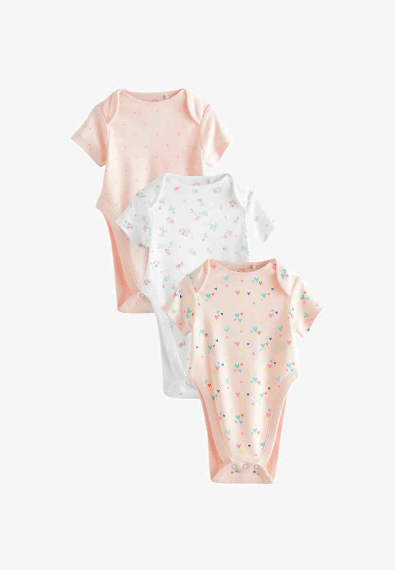 Three short-sleeve baby bodysuits: one pink with small dots, one white with floral pattern, and one light pink with multicolored hearts.