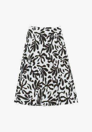 En knælang nederdel med hvid bund, prydet med et mønster af sorte blade og blomster, lavet af letvægtsstof med en glat tekstur.