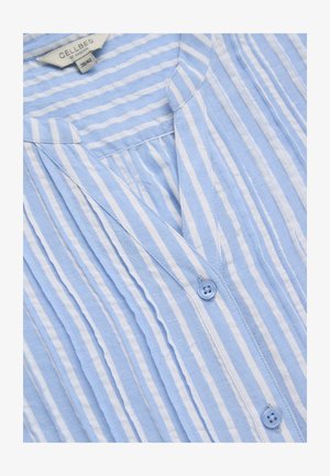 Blau-weiß gestreiftes Hemd mit Knopfleiste, Kragen und Markenlabel "Cellbes of Sweden", Größe 38/40.