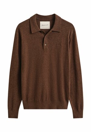 Brown long-sleeve polo sweater with buttoned collar and ribbed cuffs and hem, labeled "GANT" on the neck tag.