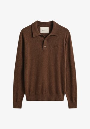 Brown long-sleeve polo sweater with buttoned collar and ribbed cuffs and hem, labeled "GANT" on the neck tag.