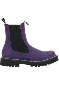 Botas Chelsea moradas con un acabado de cuero suave, paneles laterales elásticos negros, tiradores y una suela negra gruesa y robusta con ranuras para tracción.