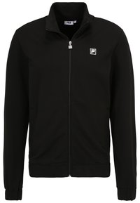 Giacca nera con zip realizzata in tessuto liscio, con colletto alto, polsini a coste e un piccolo logo bianco sul lato sinistro del petto.