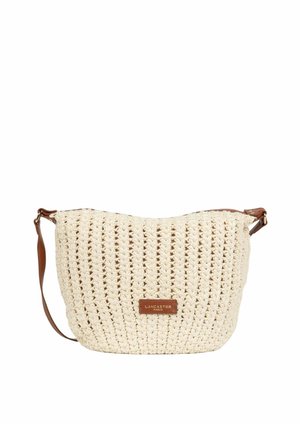 Sac à bandoulière tissé couleur crème avec une sangle en cuir marron et un patch logo rectangulaire Lancaster Paris sur le devant.