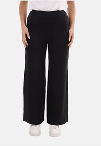 Pantaloni neri a gamba larga con elastico in vita, realizzati in tessuto morbido, caratterizzati da una superficie liscia e da un minimo di dettagli.