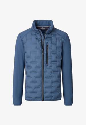 Niebieska ocieplana kurtka z pikowanym przodem, gładkimi rękawami, wysokim kołnierzem oraz kieszeniami na zamek. Charakteryzuje się hybrydowym designem z fakturowanymi akcentami.