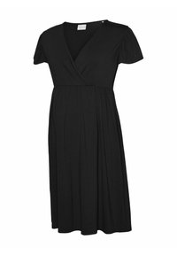 Schwarzes Kleid mit V-Ausschnitt, kurzen Puffärmel und elastischem Gürtel in der Taille, aus einem weichen, glatten Stoff gefertigt.