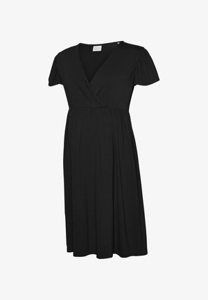 Czarna sukienka z dekoltem w serek, krótkimi bufkami oraz elastycznym marszczeniem w talii, wykonana z miękkiego, gładkiego materiału.
