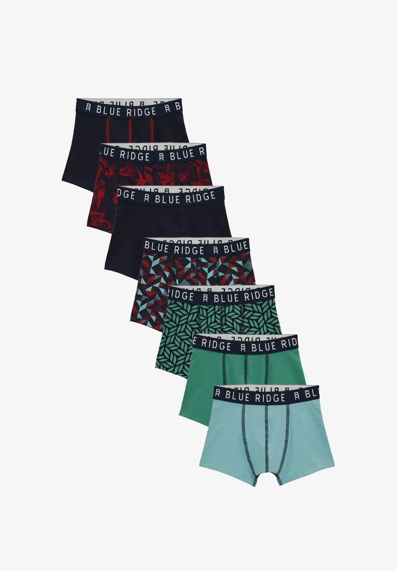 Sedam pari muških bokserica u raznim bojama: mornarsko plava, crvena, zelena i tirkizna. Imaju elastične pojaseve s natpisom "BLUE RIDGE" i geometrijskim uzorcima.