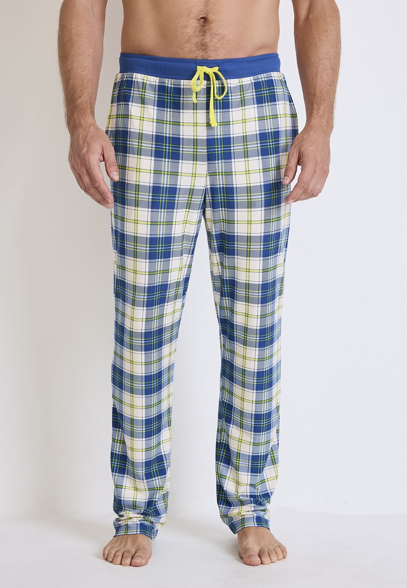 Katoenen plaid pyjamabroek met blauw, groen en witte ruitpatronen, een elastische tailleband met blauwe band en gele koord.