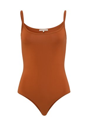 Roestoranje eendelig badpak met dunne schouderbandjes, gladde stof en een hoog uitgesneden beenontwerp. Geen zichtbare patronen of hardwaredetails.