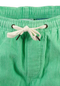Pantaloni corti in corduroy verde con una finitura testurizzata, caratterizzati da un laccio bianco e occhielli in metallo in vita.
