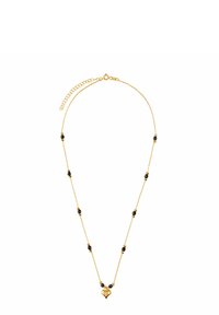 Złoty naszyjnik z łańcuszka z czarnymi koralikami, wisiorkiem w kształcie serca oraz regulowanym zapięciem, które umożliwia dopasowanie długości.