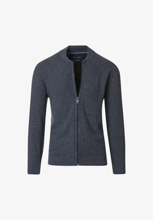 Dunkelgraue Zip-Kardigan mit einem strukturierten Strickmuster, gerippten Bündchen und Saum sowie einem Stehkragen. Verfügt über einen Reißverschluss in voller Länge.