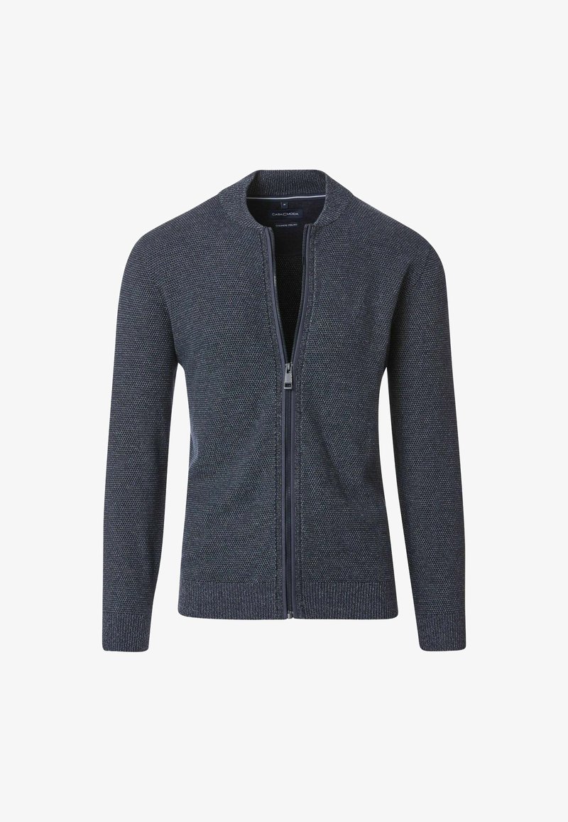 Dunkelgraue Zip-Kardigan mit einem strukturierten Strickmuster, gerippten Bündchen und Saum sowie einem Stehkragen. Verfügt über einen Reißverschluss in voller Länge.