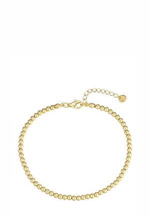 Pulsera chapada en oro compuesta de pequeñas cuentas esféricas brillantes, con un cierre de langosta y una cadena de extensión ajustable para el tamaño.