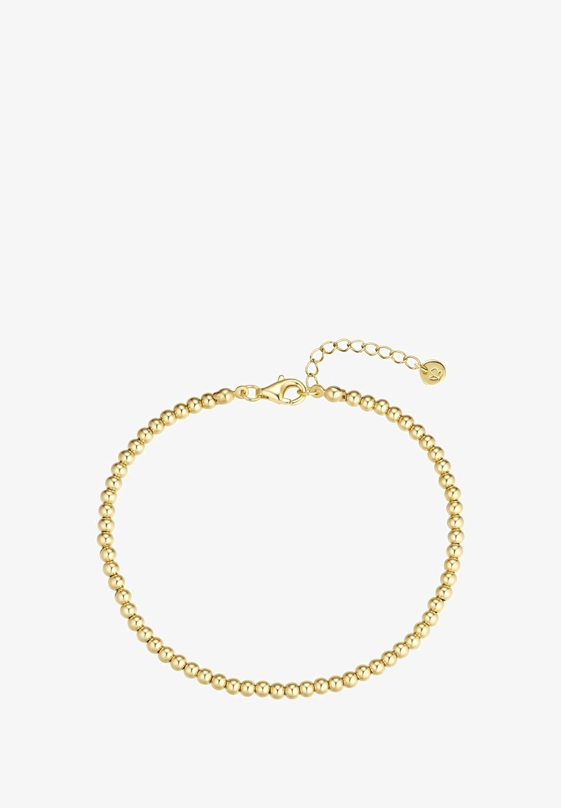 Aranyozott karkötő, amely kis, fénylő, gömb alakú gyöngyökből áll, homárzárral és állítható hosszabbító lánccal a méretre állításhoz.