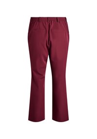 Burgundy pants with a smooth texture, featuring a stretchy waistband, two back pockets, and a straight-leg design.